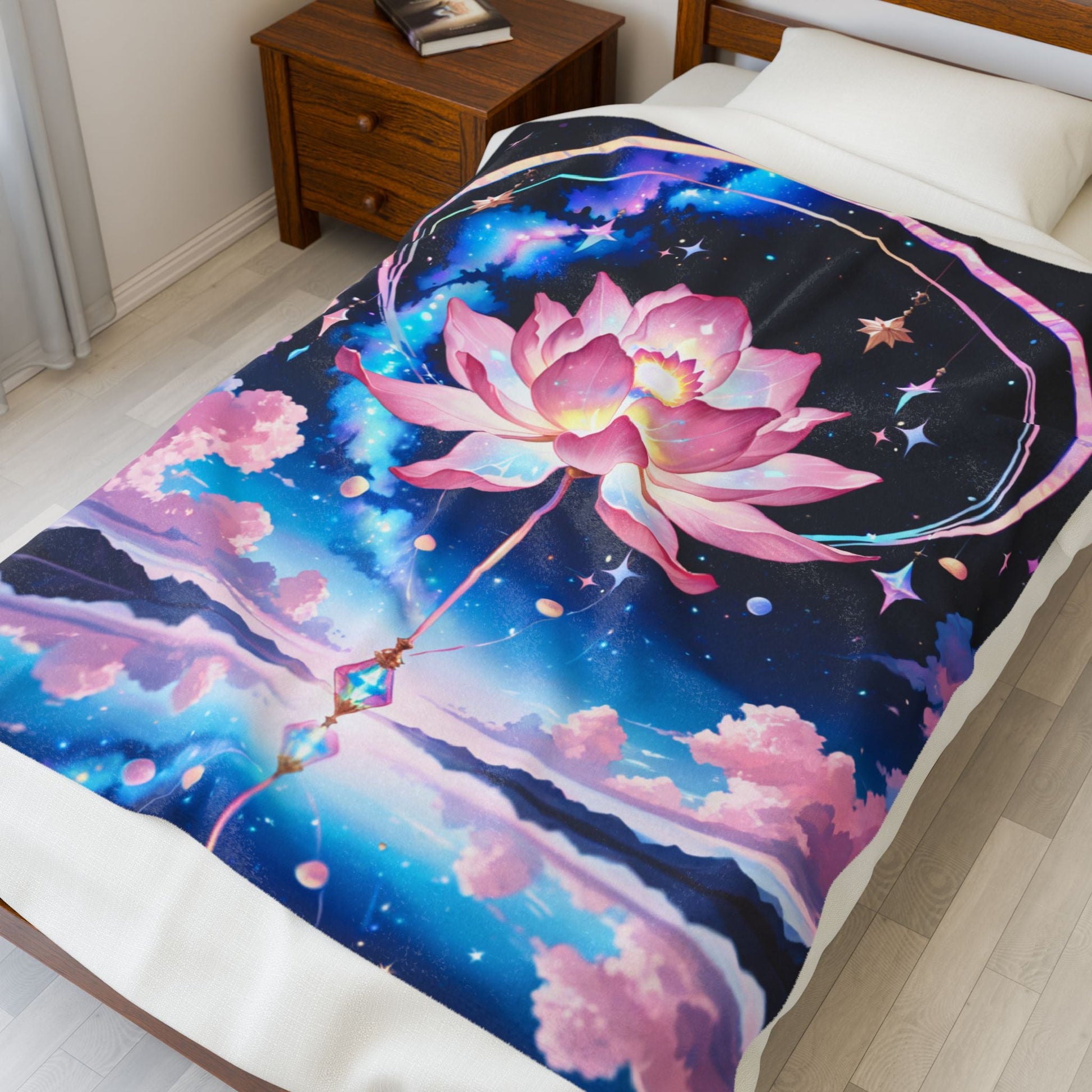 Pink Lotus Galaxy art Velveteen Plush Blanket | Cosmic Floral Throw Printify