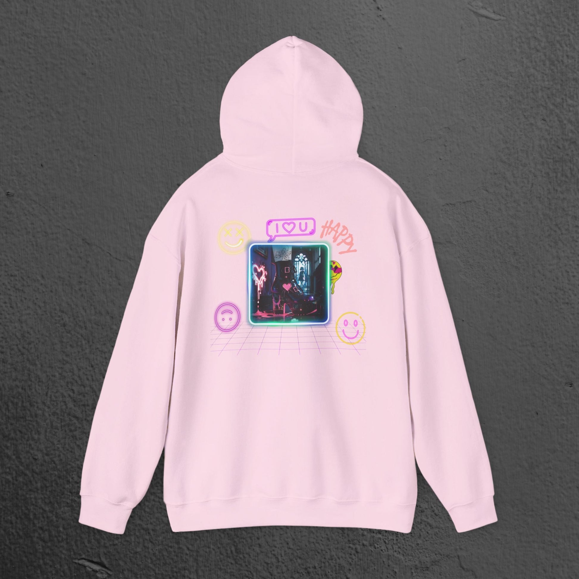 Neon Smiley Face Collage Hoodie Printify