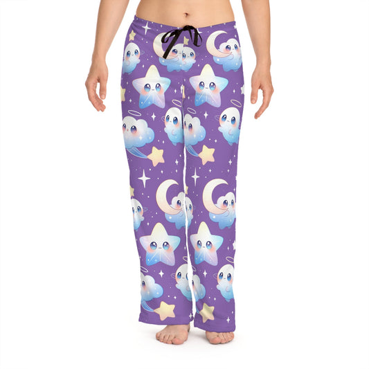 Kawaii Night Sky Women's Pajama Pants, Cute Stars, Moons & Clouds Lounge Sleepwear Printify