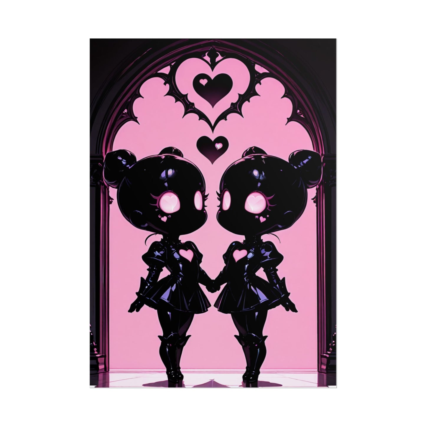 Rolled Poster, Gothic Kawaii Twin Dolls Pink Heart Art Print Printify
