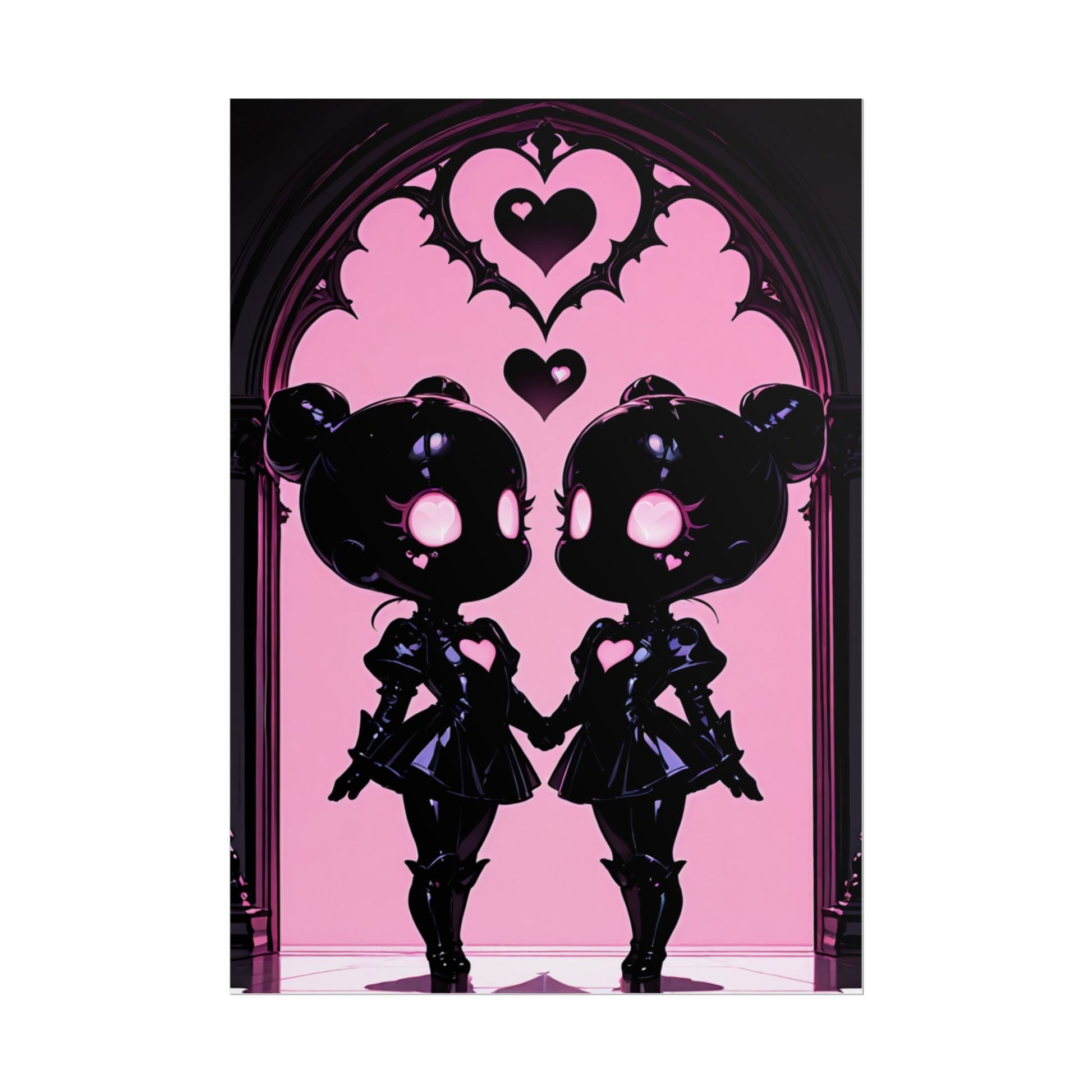 Rolled Poster, Gothic Kawaii Twin Dolls Pink Heart Art Print Printify