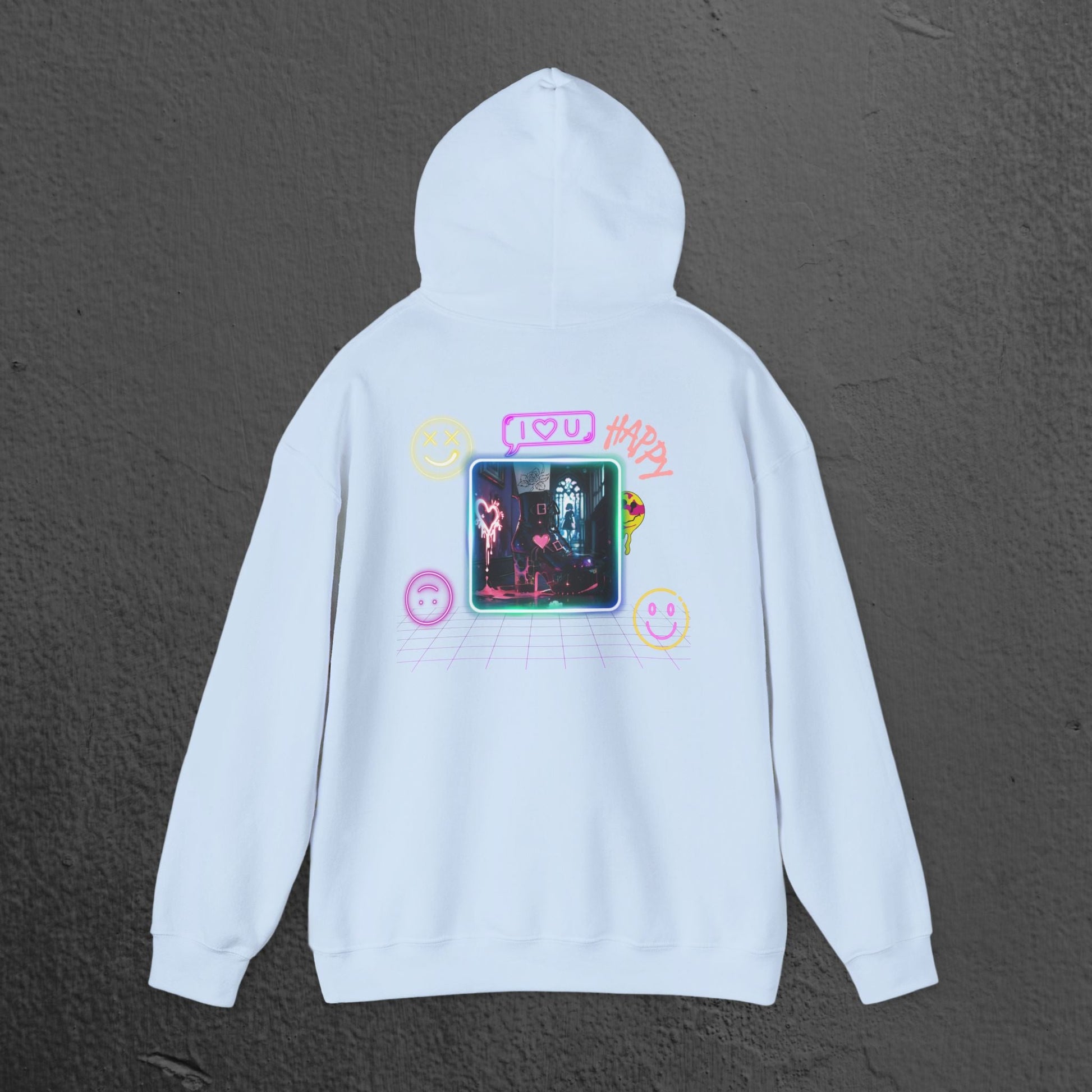 Neon Smiley Face Collage Hoodie Printify