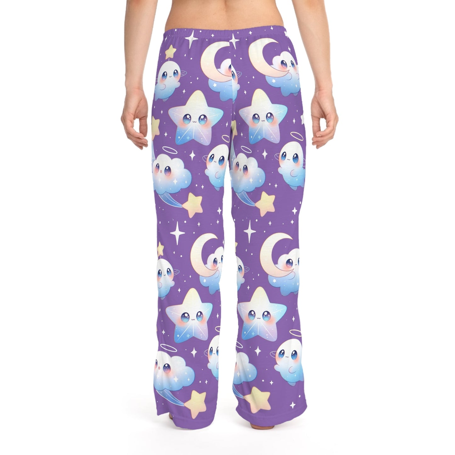 Kawaii Night Sky Women's Pajama Pants, Cute Stars, Moons & Clouds Lounge Sleepwear Printify