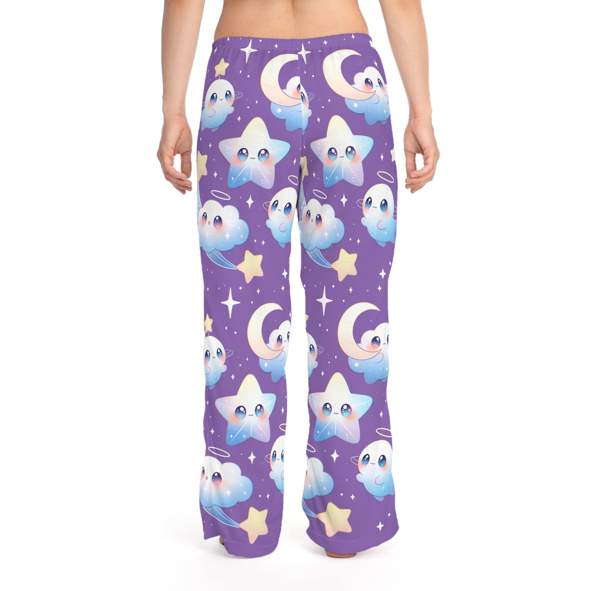 Kawaii Night Sky Women's Pajama Pants, Cute Stars, Moons & Clouds Lounge Sleepwear Printify