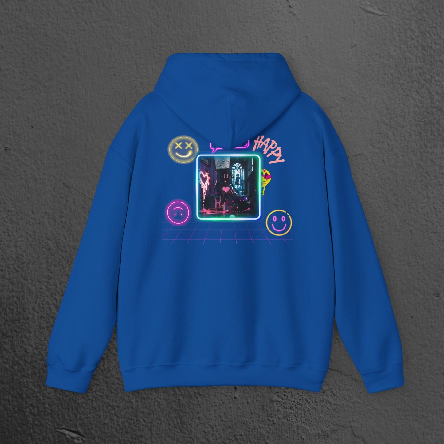 Neon Smiley Face Collage Hoodie Printify