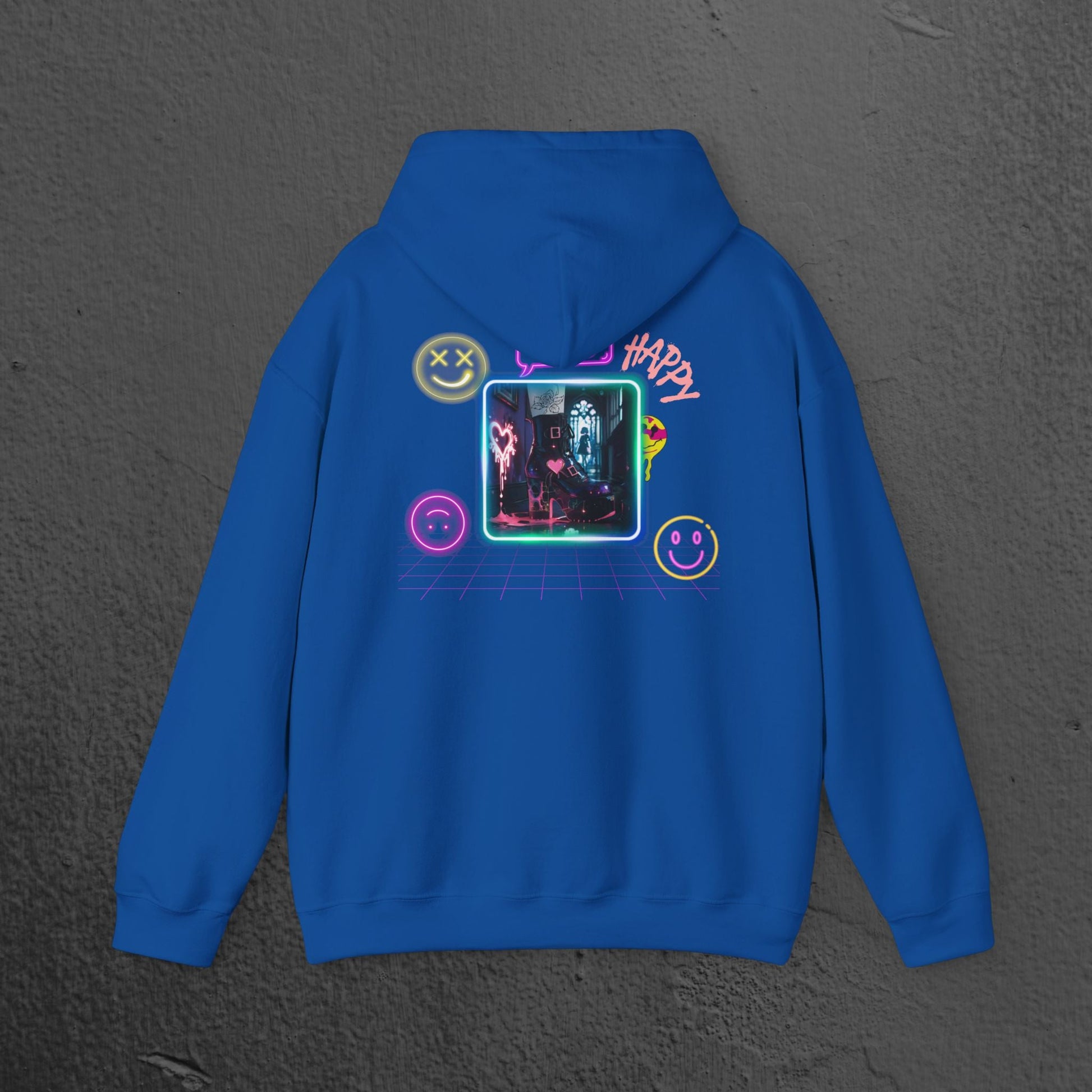 Neon Smiley Face Collage Hoodie Printify