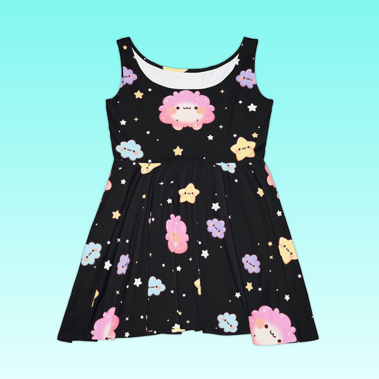 Black Kawaii Cloud and Stars Skater Dress Printify