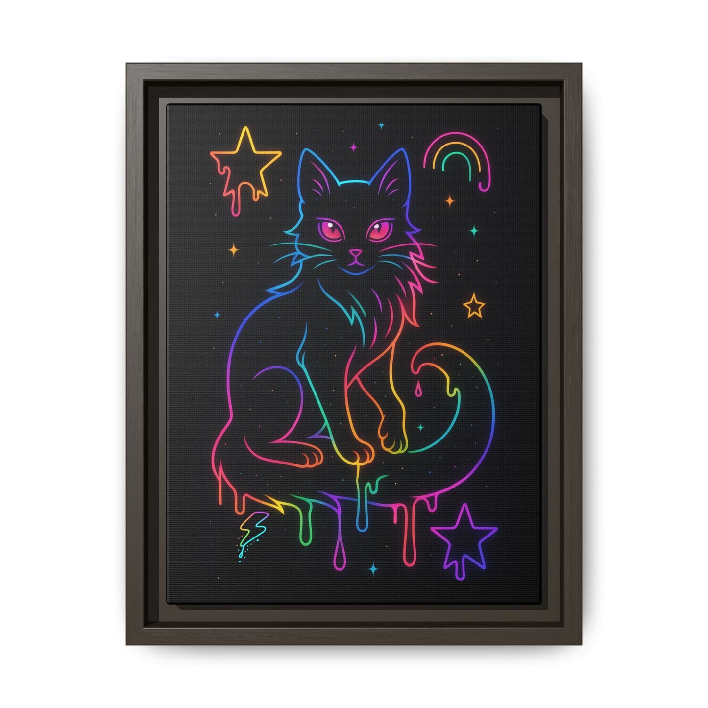 Neon Rainbow Cat Matte Canvas Framed | Dripping Stars Wall Art Printify