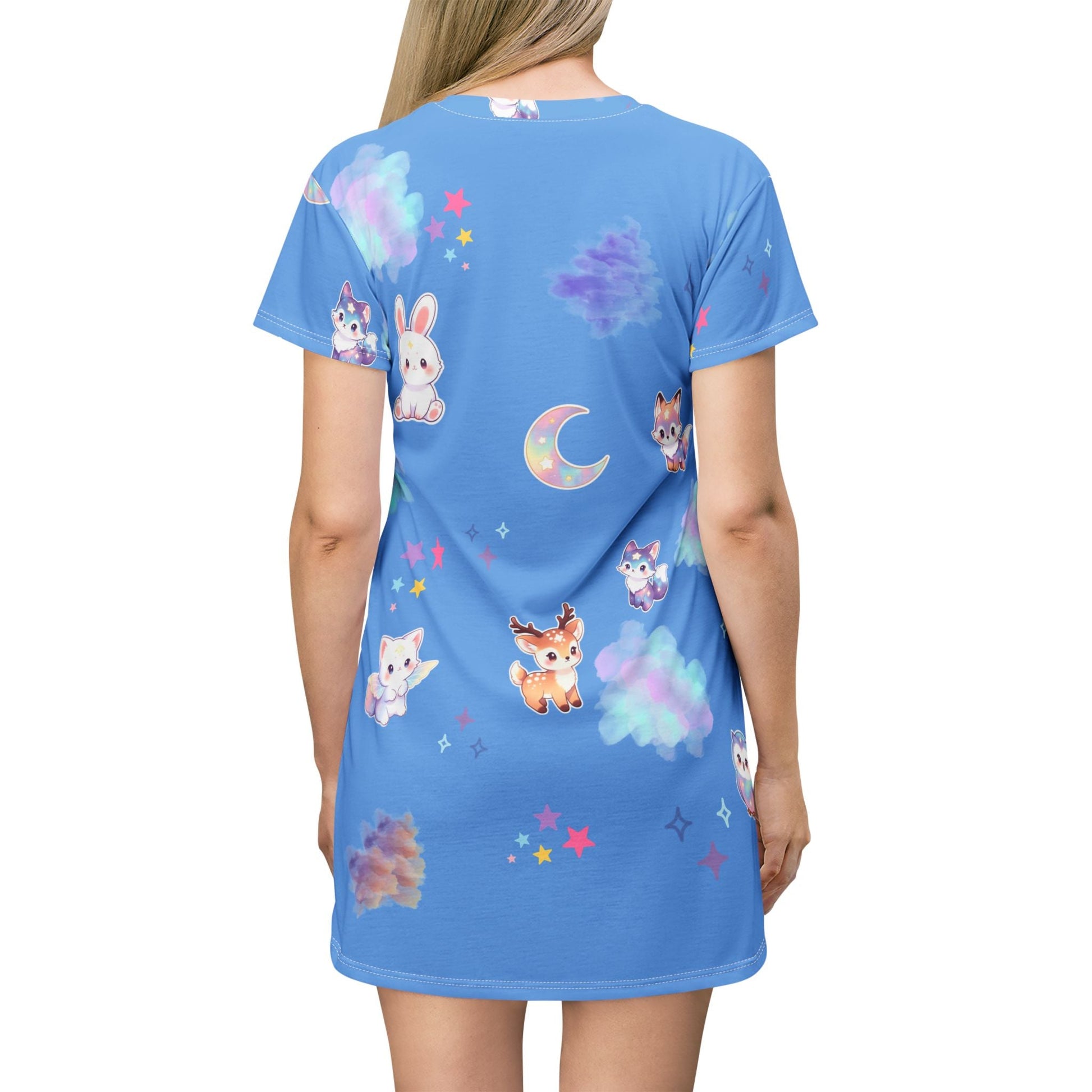 Cute Pastel Animals T-Shirt Dress | Bunny Fox Owl Moon Stars Printify