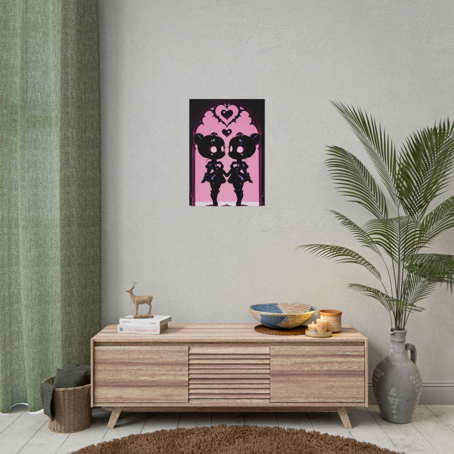 Rolled Poster, Gothic Kawaii Twin Dolls Pink Heart Art Print Printify