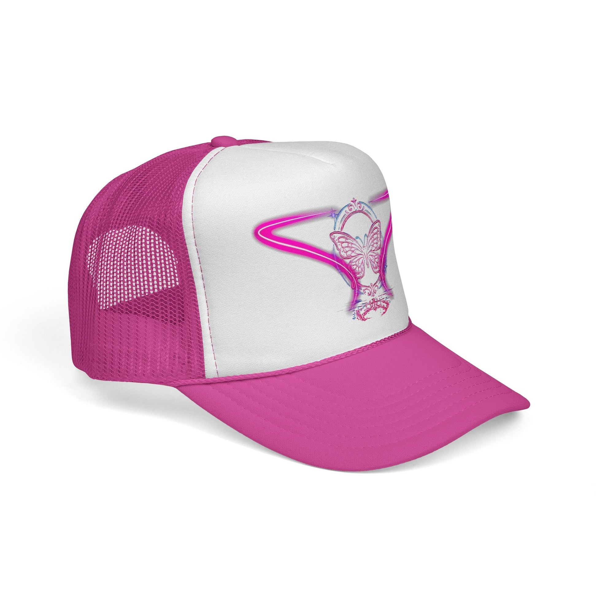 Neon Butterfly Trucker Cap, Retro Vaporwave Mesh Hat Printify
