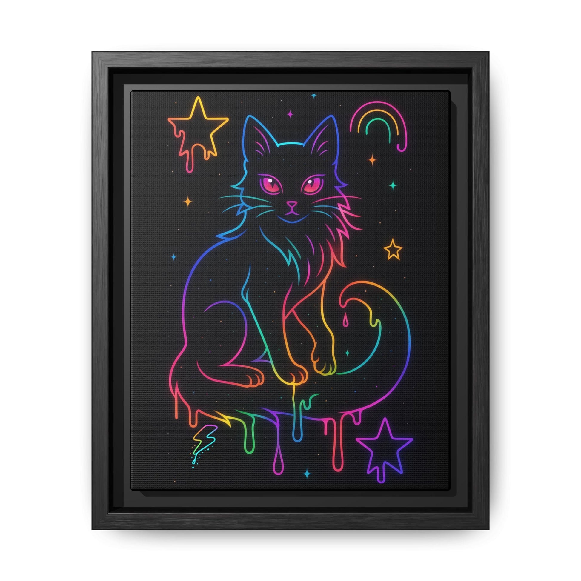 Neon Rainbow Cat Matte Canvas Framed | Dripping Stars Wall Art Printify