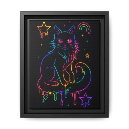 Neon Rainbow Cat Matte Canvas Framed | Dripping Stars Wall Art Printify