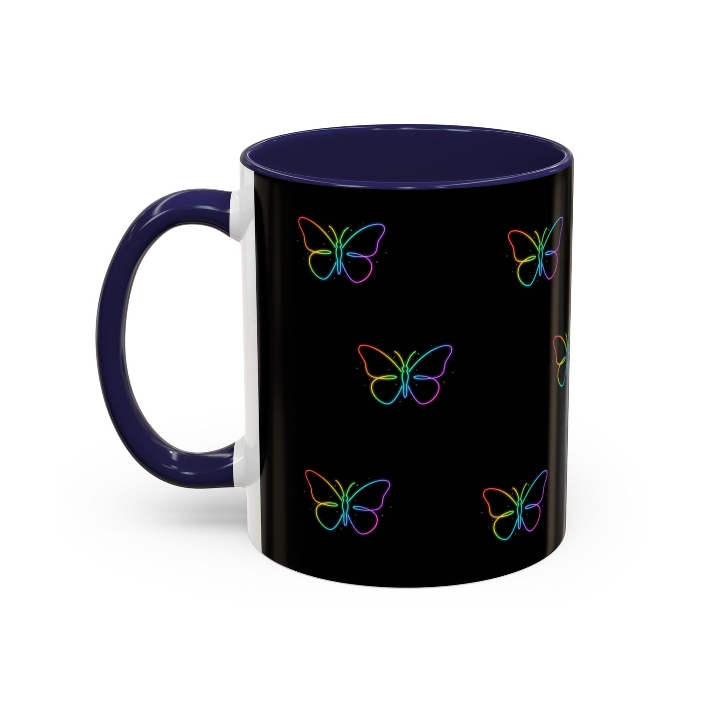 Rainbow Neon Butterfly Mug | Black Accent Coffee Mug Printify