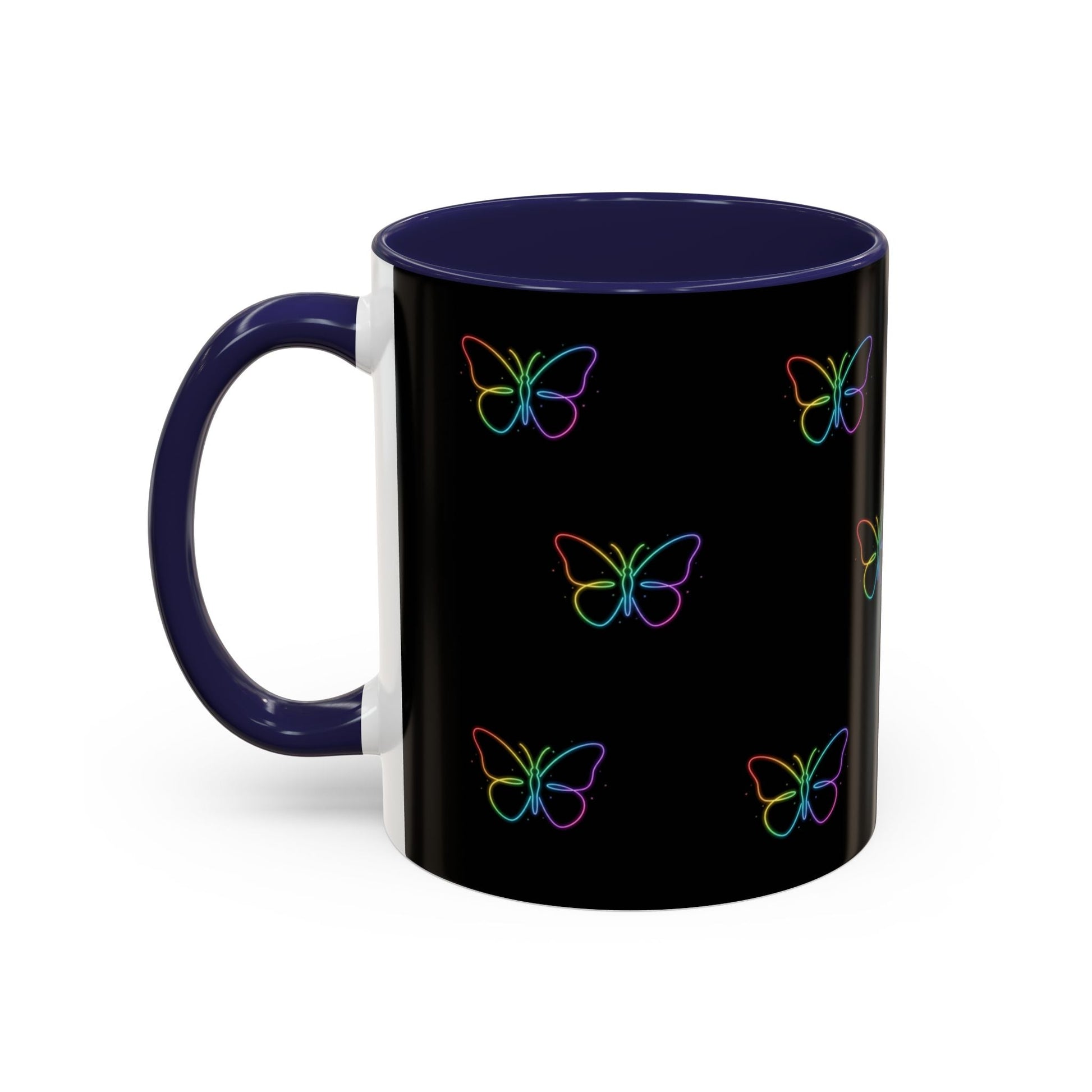 Rainbow Neon Butterfly Mug | Black Accent Coffee Mug Printify