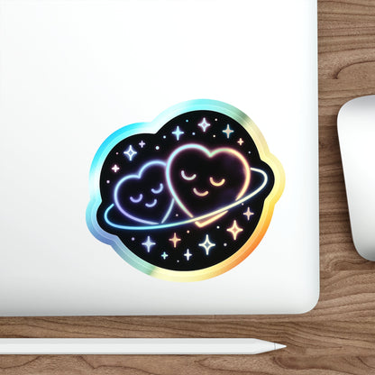 Holographic Heart Planet Die-Cut Sticker, Cute Space Neon Vinyl Sticker Printify
