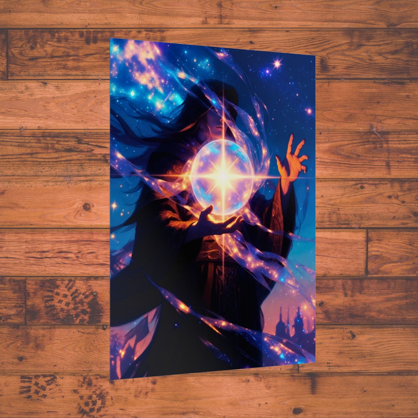 Mystic Sorcerer Poster, Stellar Magic Fantasy Wall Art Printify