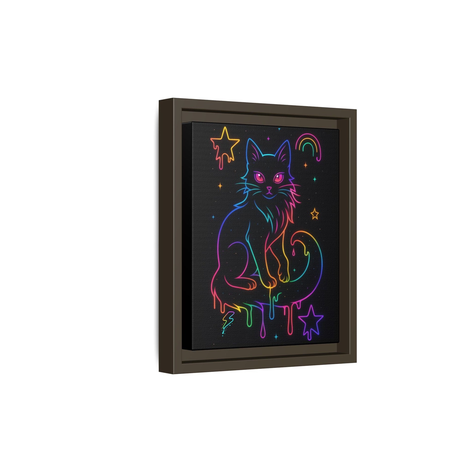 Neon Rainbow Cat Matte Canvas Framed | Dripping Stars Wall Art Printify