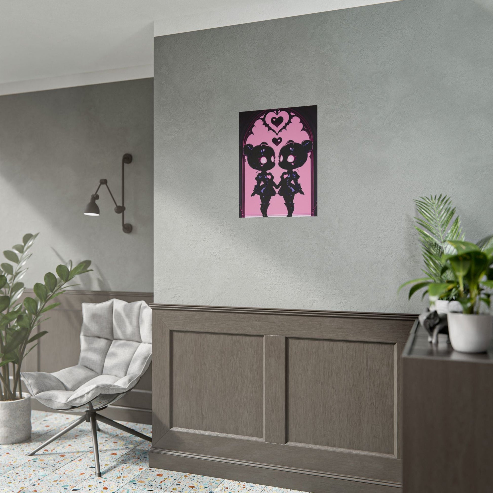 Rolled Poster, Gothic Kawaii Twin Dolls Pink Heart Art Print Printify