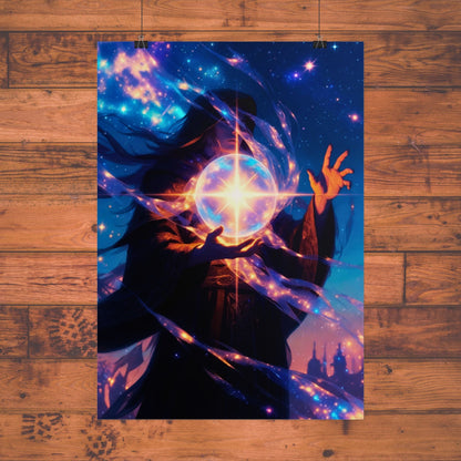 Mystic Sorcerer Poster, Stellar Magic Fantasy Wall Art Printify