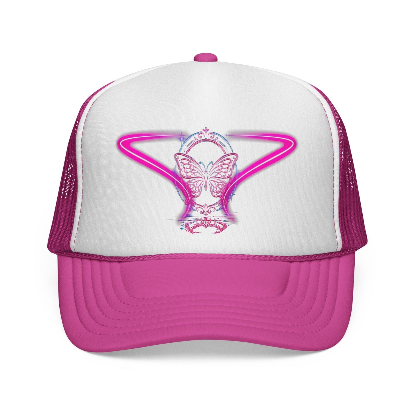 Neon Butterfly Trucker Cap, Retro Vaporwave Mesh Hat Printify