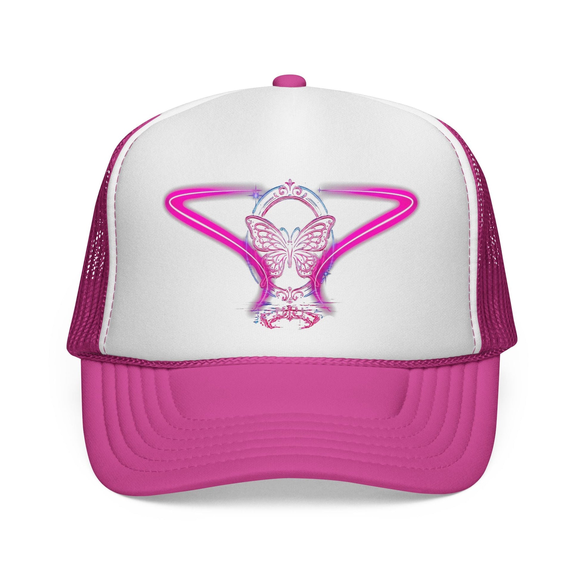 Neon Butterfly Trucker Cap, Retro Vaporwave Mesh Hat Printify