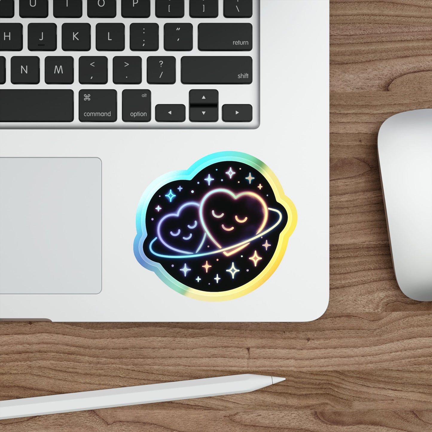 Holographic Heart Planet Die-Cut Sticker, Cute Space Neon Vinyl Sticker Printify