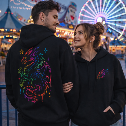 Neon Line Art, Rainbow Dragon Hoodie Printify