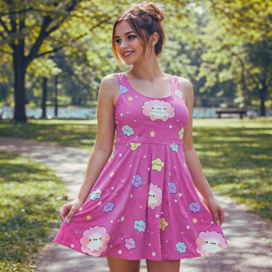 Kawaii Cloud and Stars Pink Skater Dress Printify