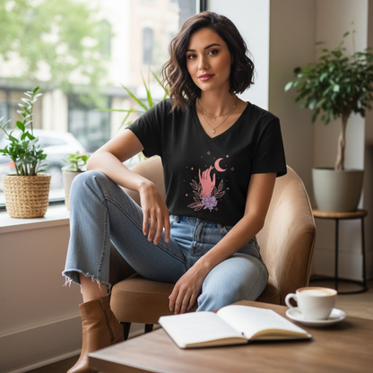 Mystical Floral Hand V-Neck Tee with Crescent Moon & Lavender Moonflower Illustration Printify