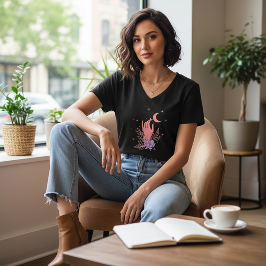 Mystical Floral Hand V-Neck Tee with Crescent Moon & Lavender Moonflower Illustration Printify
