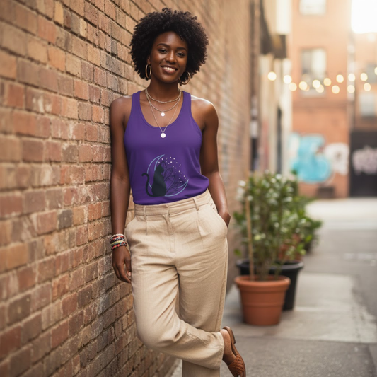 Women's Ideal Racerback Tank with Lunar Cat and Crystals Printify