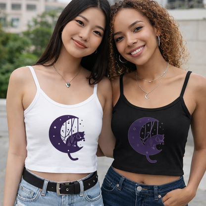 Moon Cat Crop Tank Top, Playful Night Sky Graphic Spaghetti Strap Printify