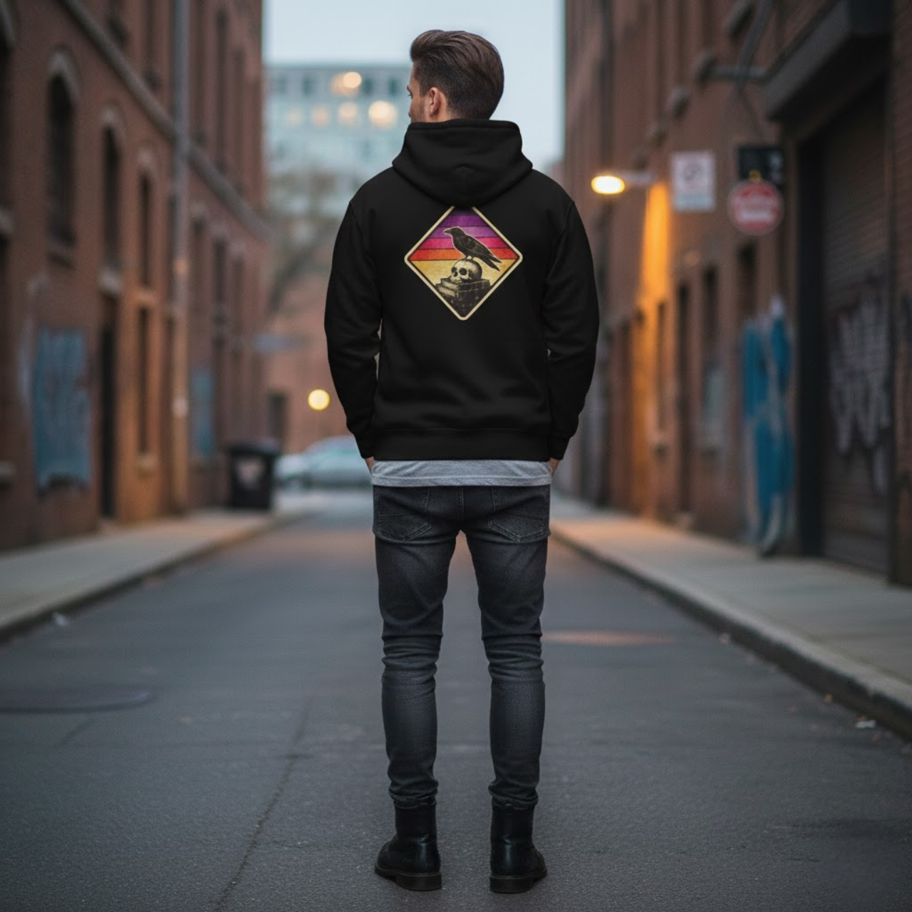 Retro Sunset Raven & Skull Graphic Full-Zip Hoodie Printify