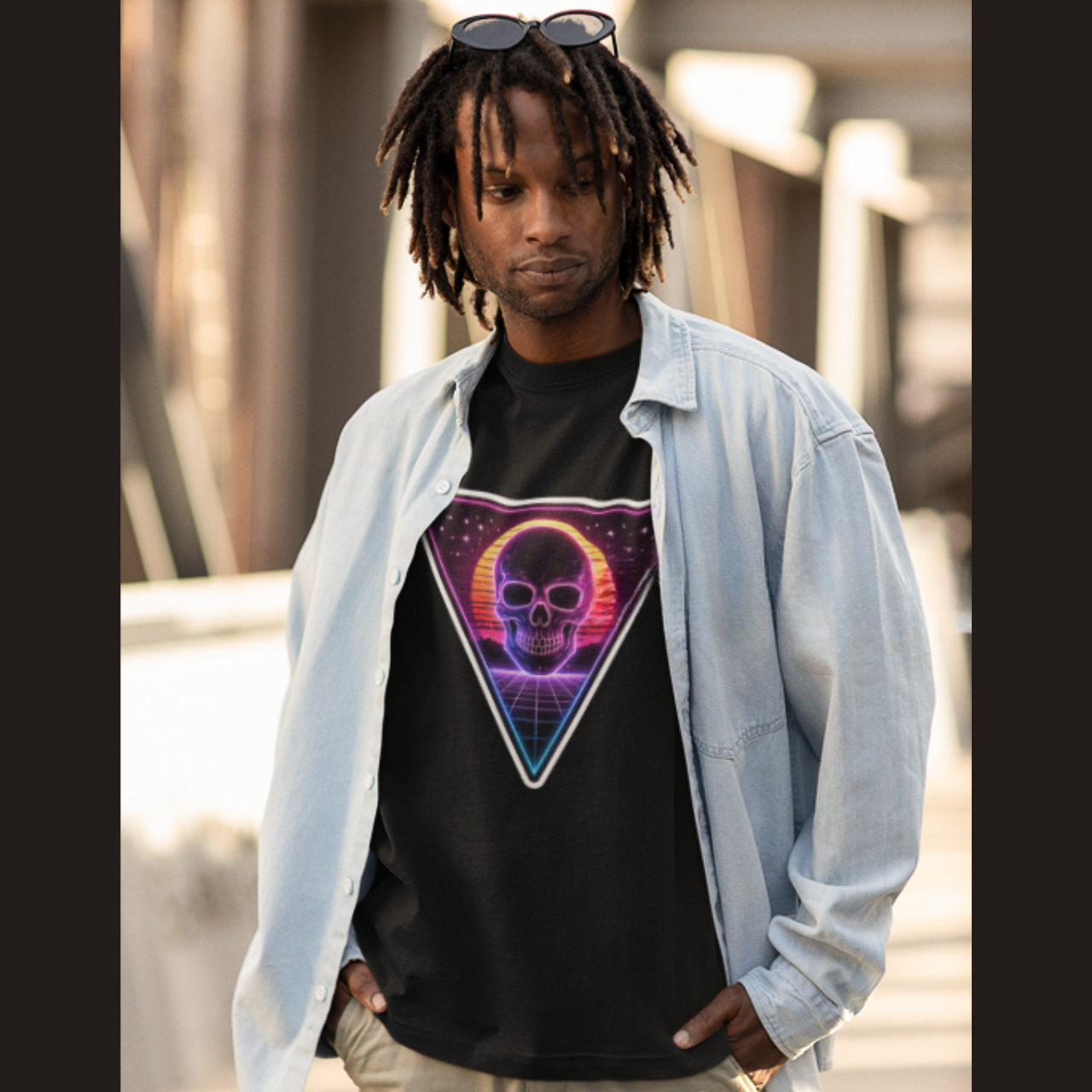 Retro Vaporwave Skull Tee/ Neon Triangle 80s Aesthetic Oversized Shirt Printify