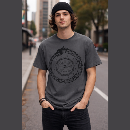 Viking Ouroboros Rune T-Shirt, Norse Valknut & Vegvisir Symbol Tee Printify