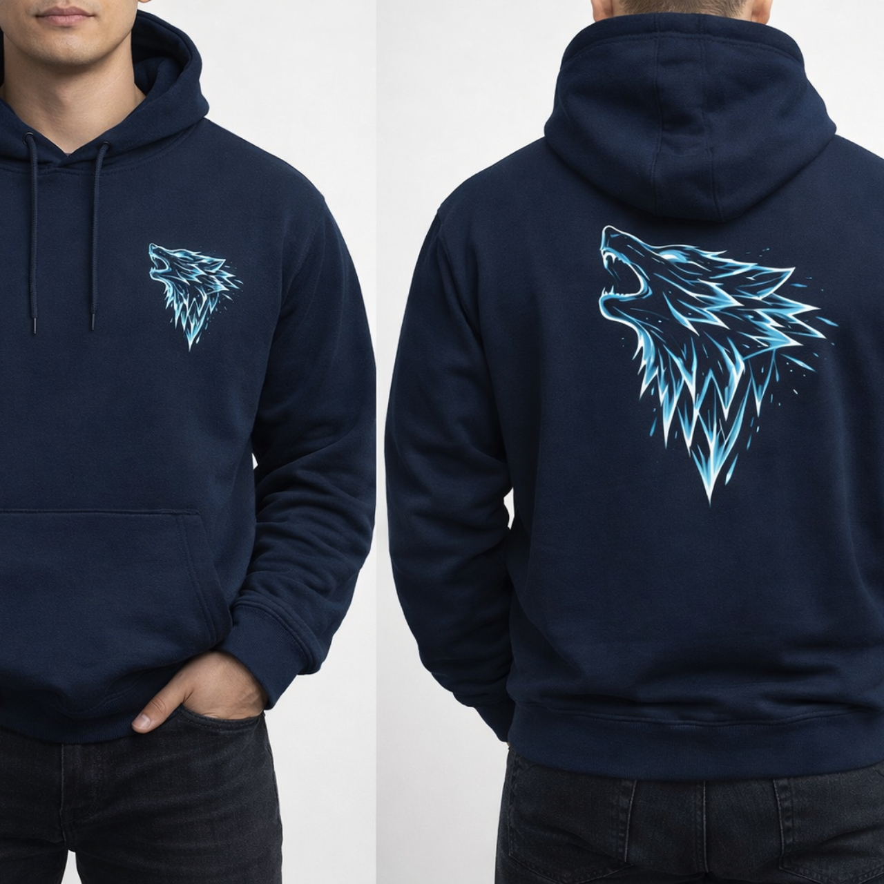 Three-Panel Snow Wolf Fleece Hoodie Printify