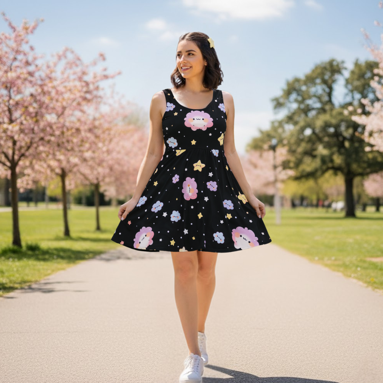 Black Kawaii Cloud and Stars Skater Dress Printify
