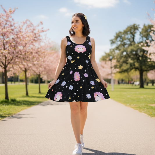 Black Kawaii Cloud and Stars Skater Dress Printify