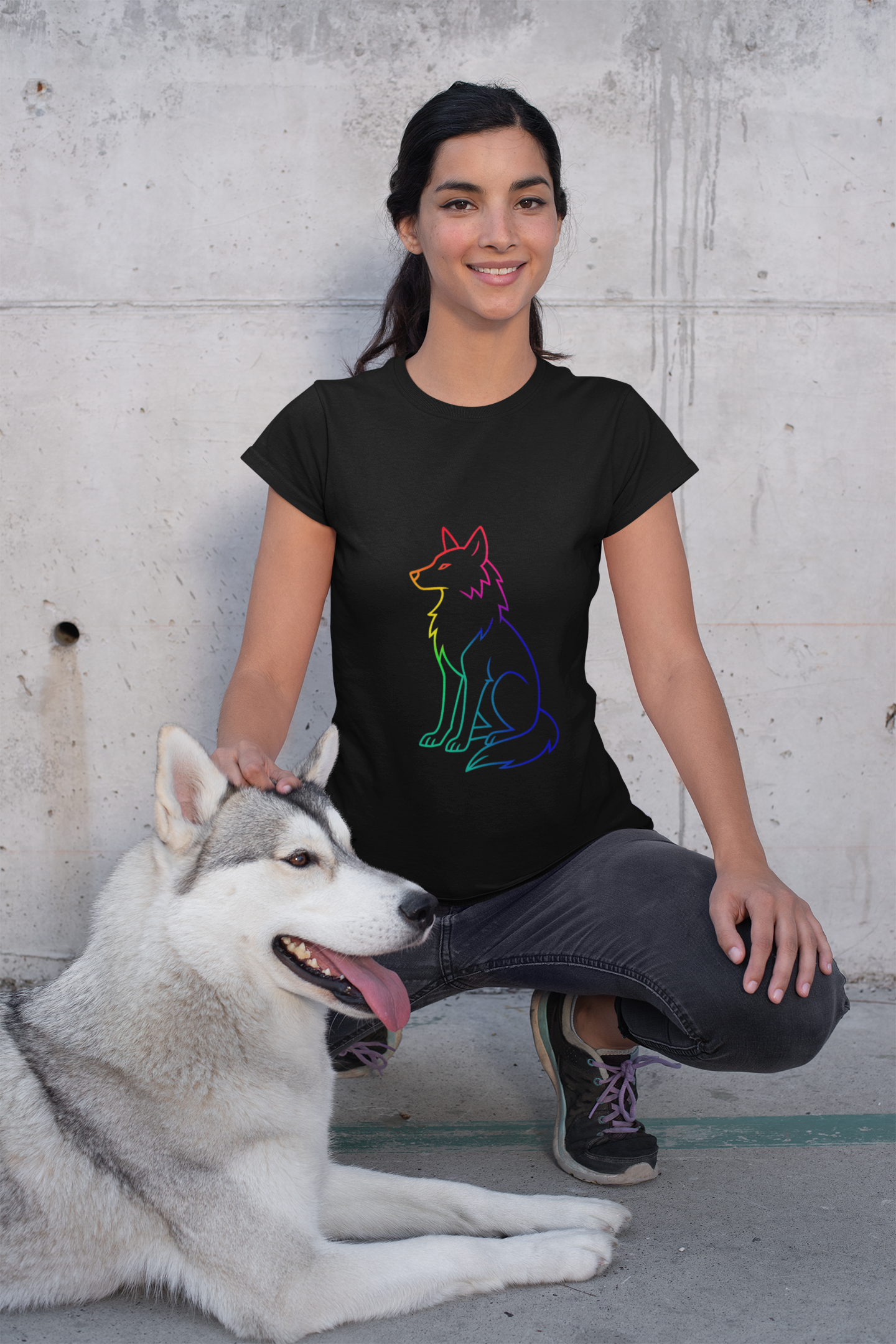 Rainbow Line Art Wolf T-Shirt