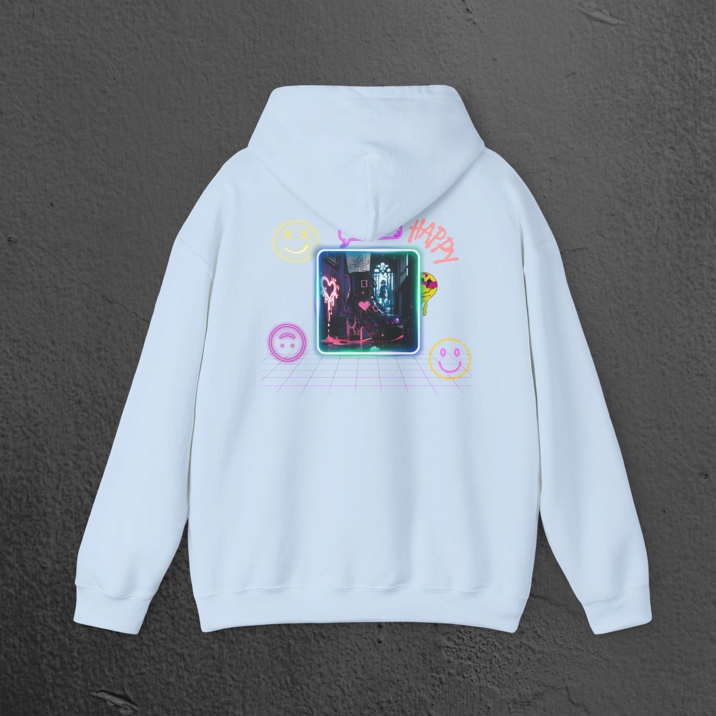 Neon Smiley Face Collage Hoodie Printify
