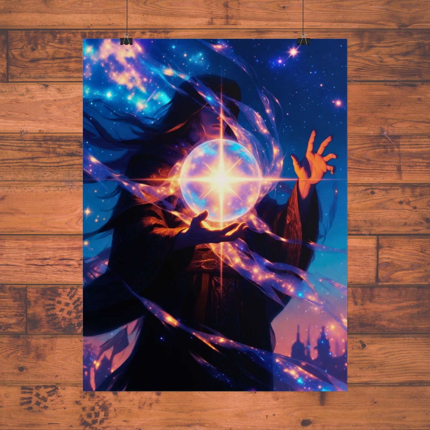 Mystic Sorcerer Poster, Stellar Magic Fantasy Wall Art Printify