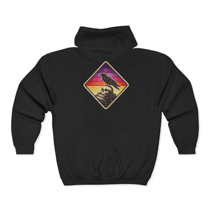 Retro Sunset Raven & Skull Graphic Full-Zip Hoodie Printify