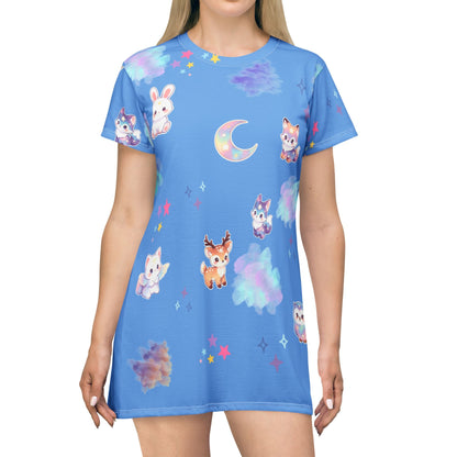 Cute Pastel Animals T-Shirt Dress | Bunny Fox Owl Moon Stars Printify