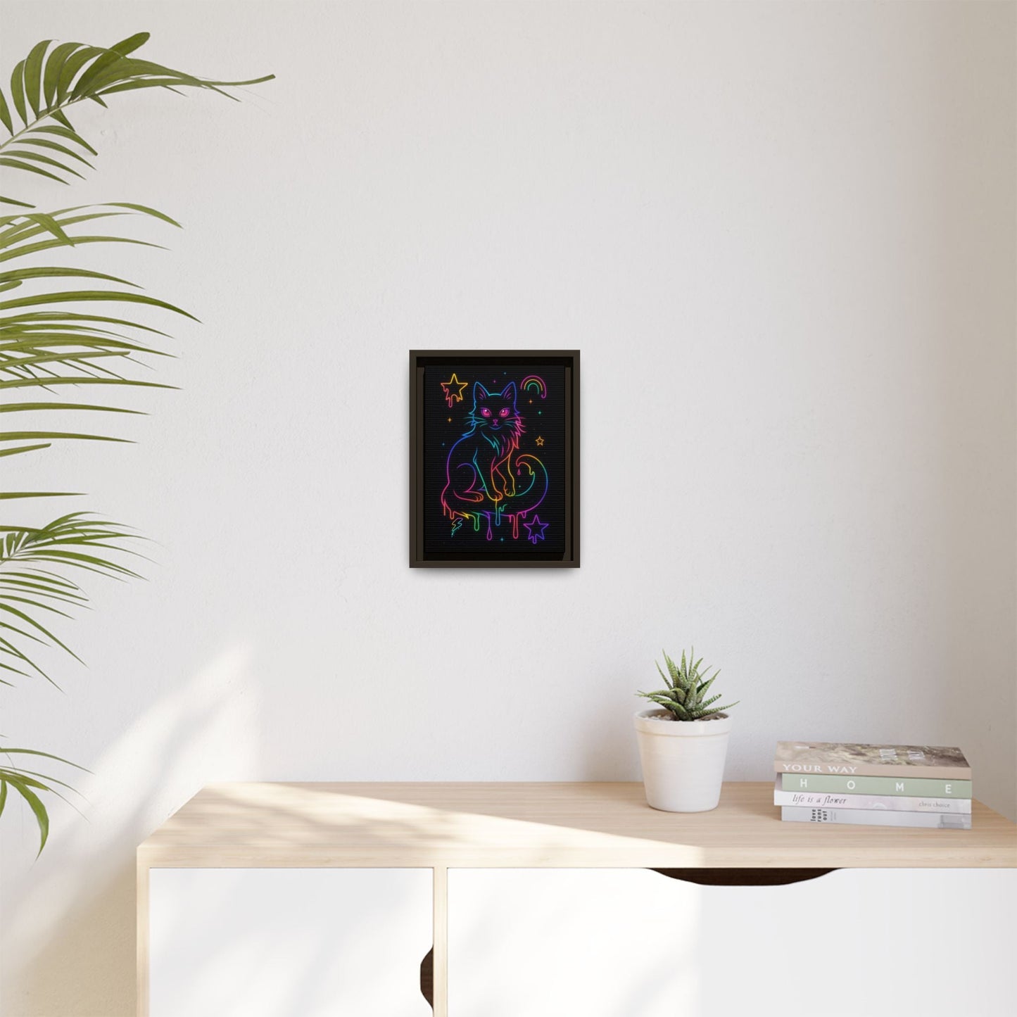 Neon Rainbow Cat Matte Canvas Framed | Dripping Stars Wall Art Printify