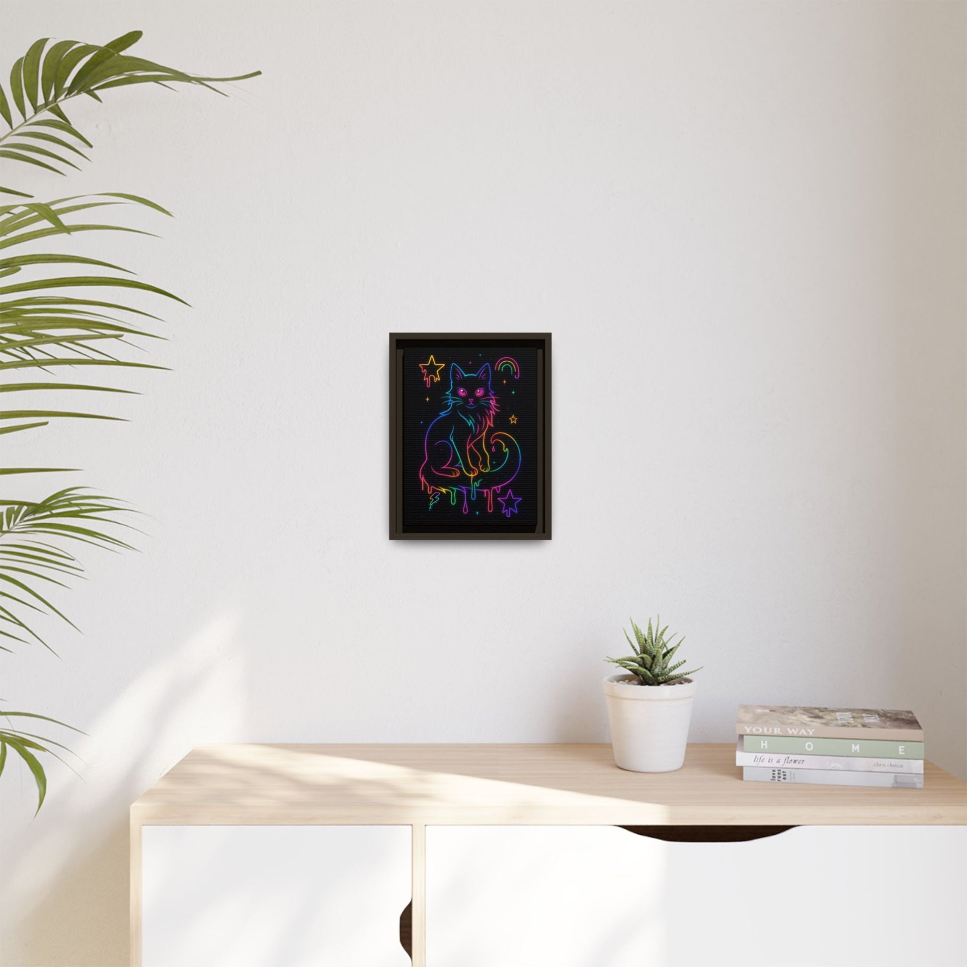 Neon Rainbow Cat Matte Canvas Framed | Dripping Stars Wall Art Printify