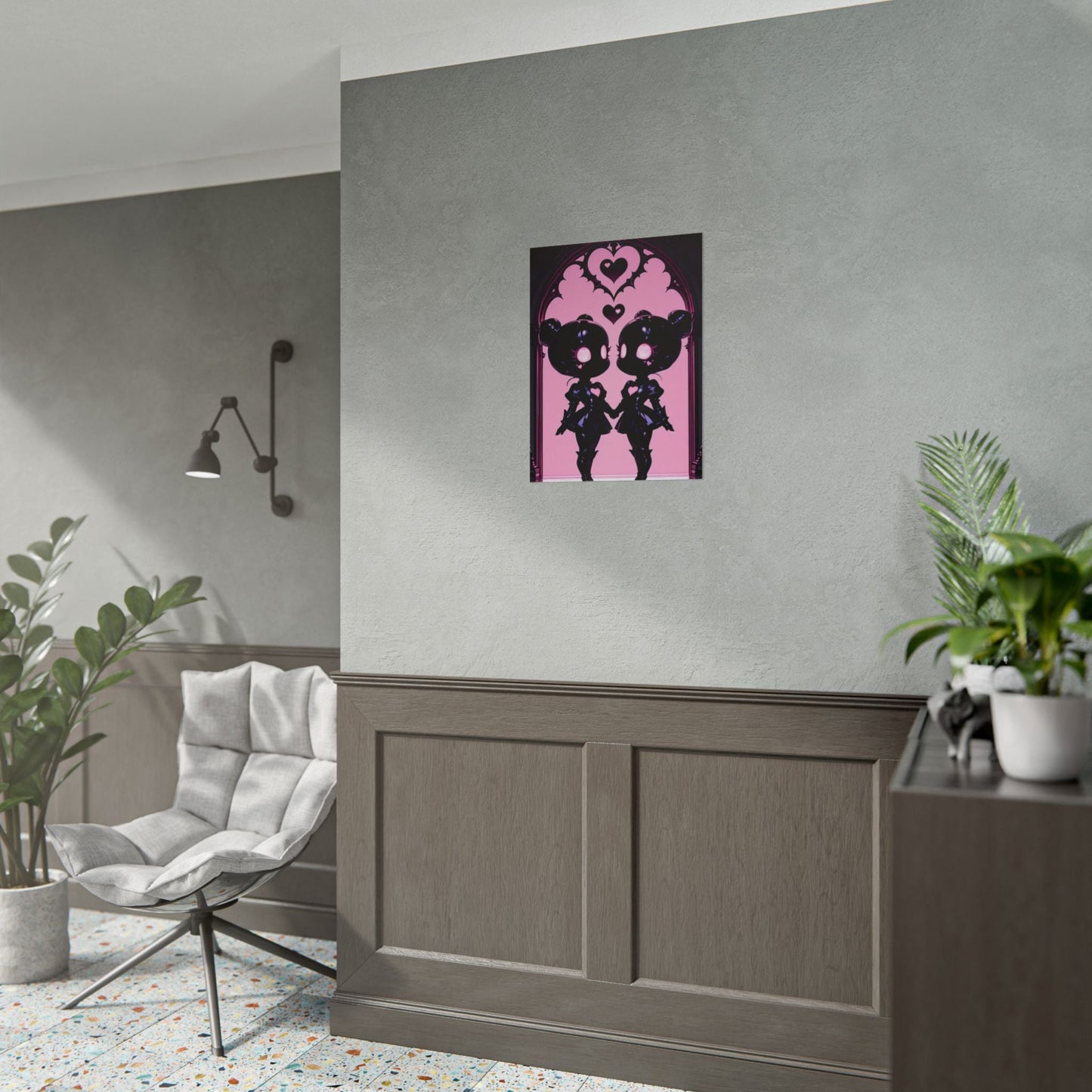 Rolled Poster, Gothic Kawaii Twin Dolls Pink Heart Art Print Printify