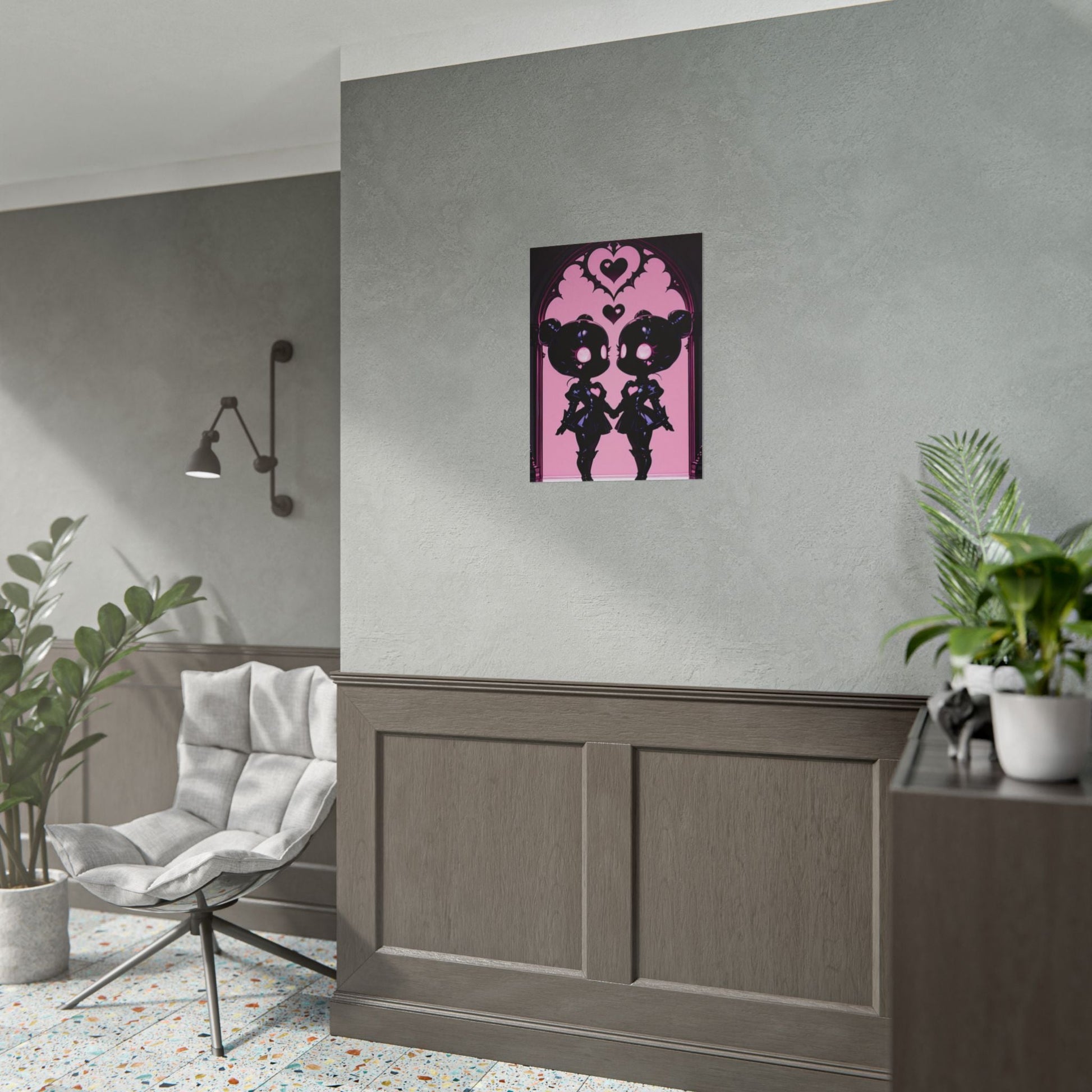 Rolled Poster, Gothic Kawaii Twin Dolls Pink Heart Art Print Printify