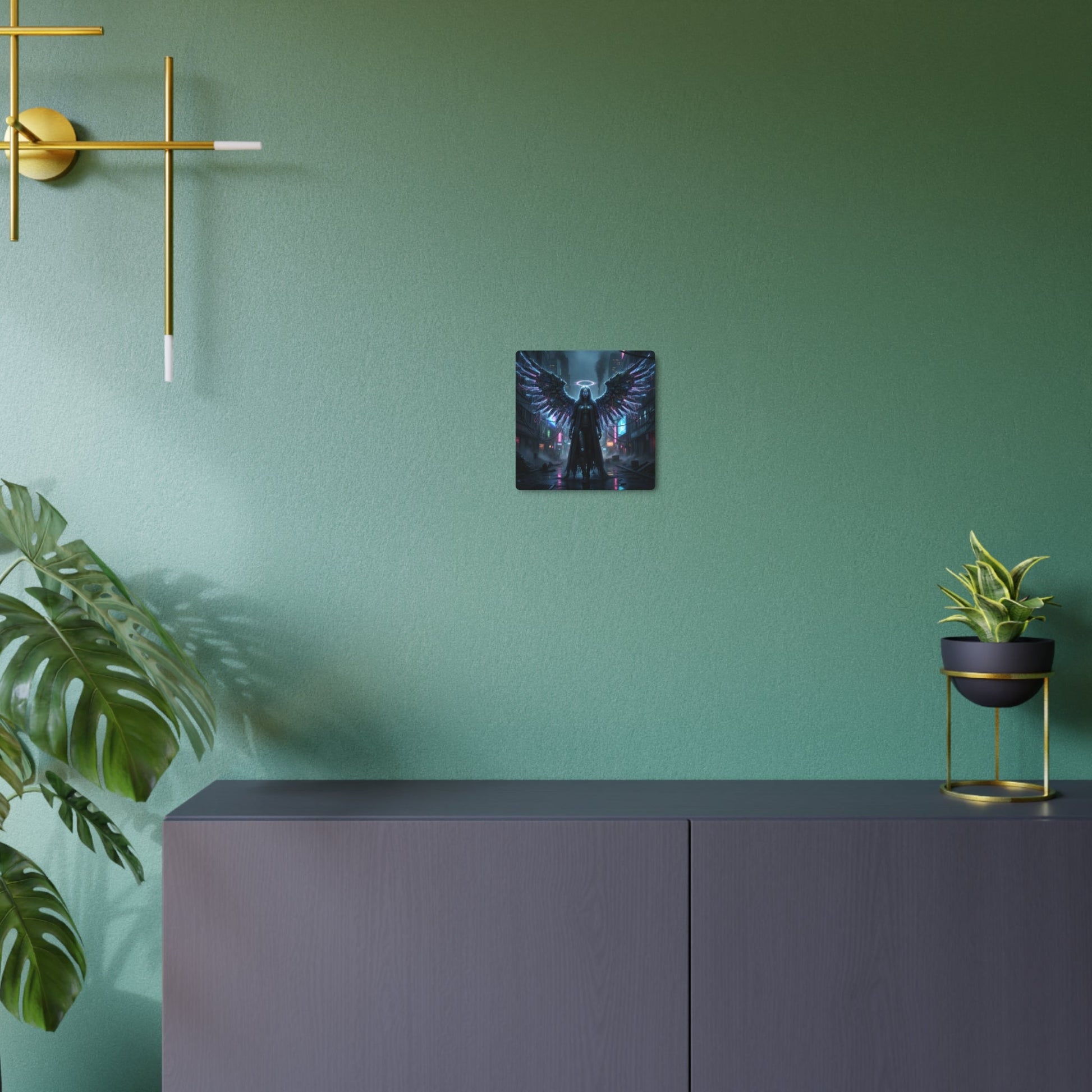 Neon Fallen Angel Metal Art Sign | Cyberpunk Winged Figure Printify