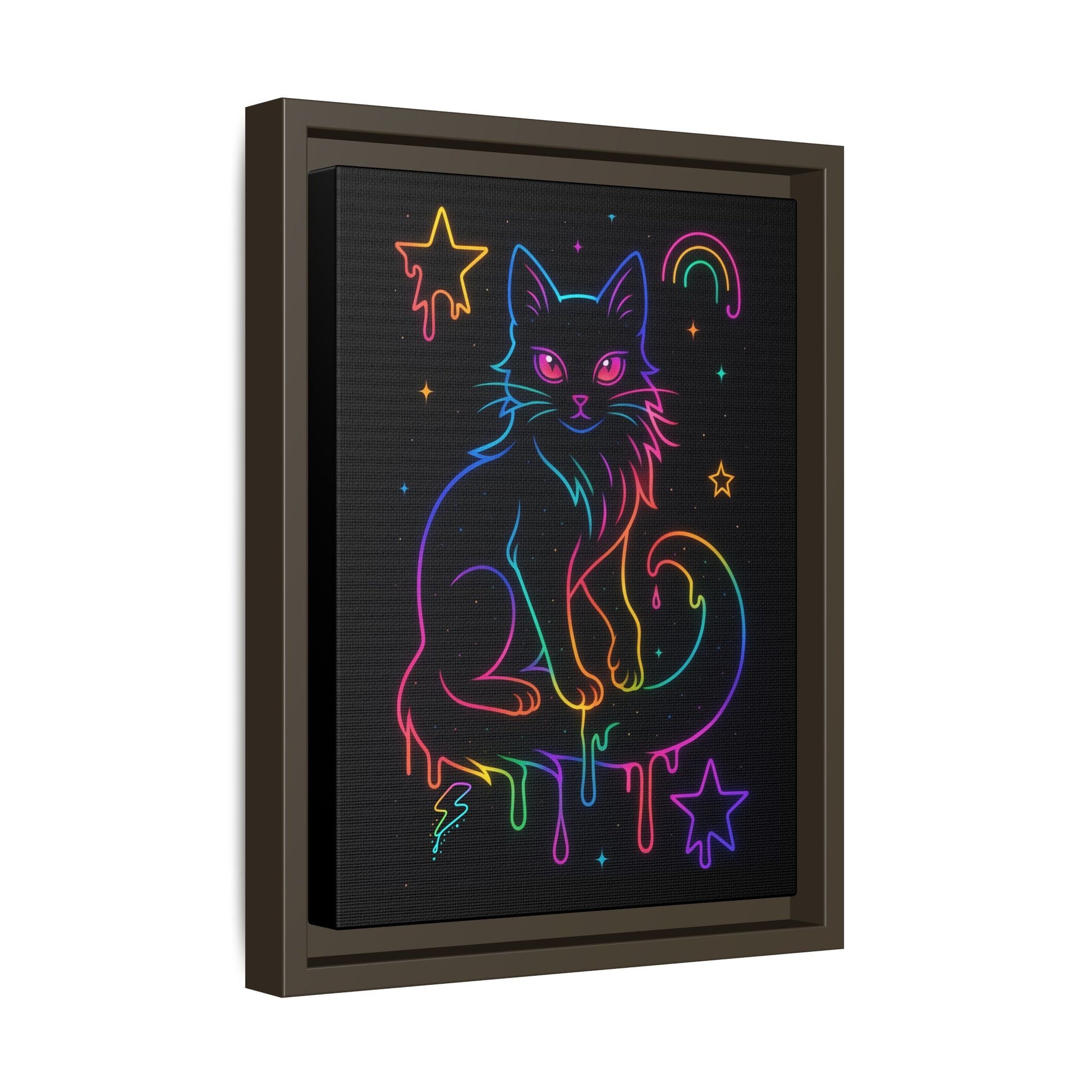 Neon Rainbow Cat Matte Canvas Framed | Dripping Stars Wall Art Printify